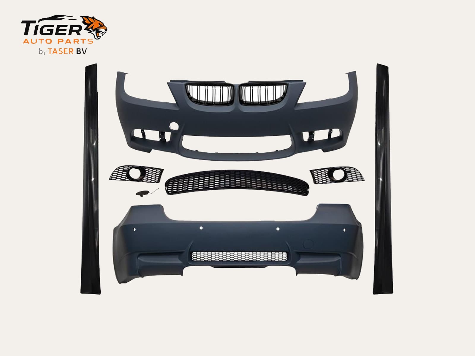 BMW 3-SERIE E92-E93 COUPE / CABRIO 06-09 BODY KIT COMPLETE BUMPER SET MET KOPLAMPSPROEIERS, MISTLAMPGATEN, 4-UITLAAT + SIDESKIRTS M3-STIJL BOZMA!