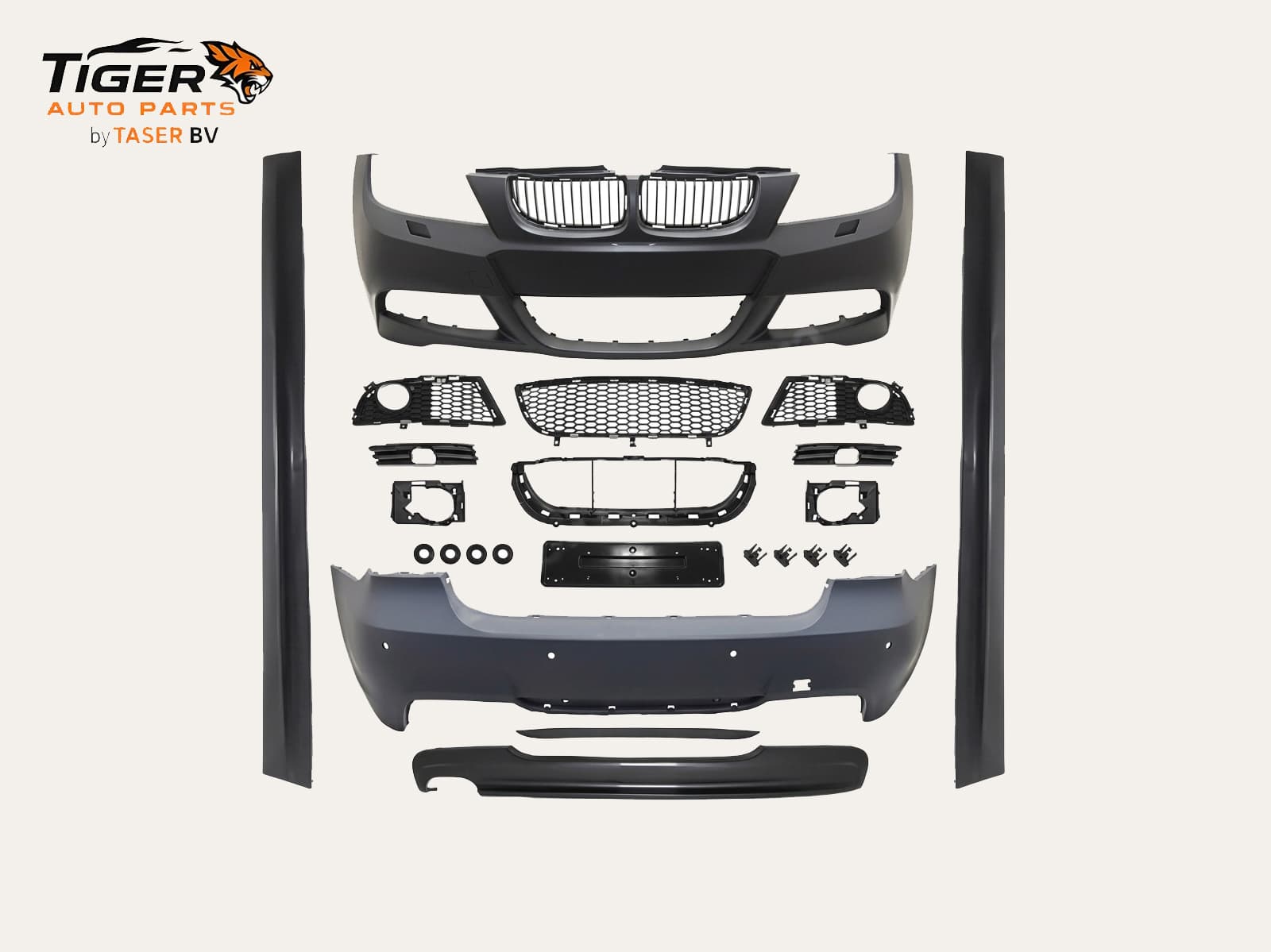 BMW 3-SERIE E90 SEDAN 05-08 BODY KIT ACHTERBUMPER MET KOPLAMPSPROEIERS, PDC ACHTER, DUBBEL UITLAAT + SIDESKIRTS M-TECH