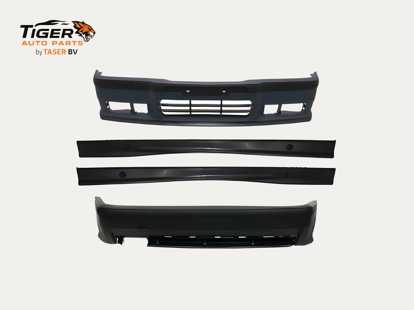 BMW 3-SERIE E36 90-97 BODY KIT VOORLIP + GRILLE (3 SPIJLEN) + DUBBELE UITLAAT + SIDESKIRTS M-TECH M3-STIJL (past op alle e36 behalve compact)
