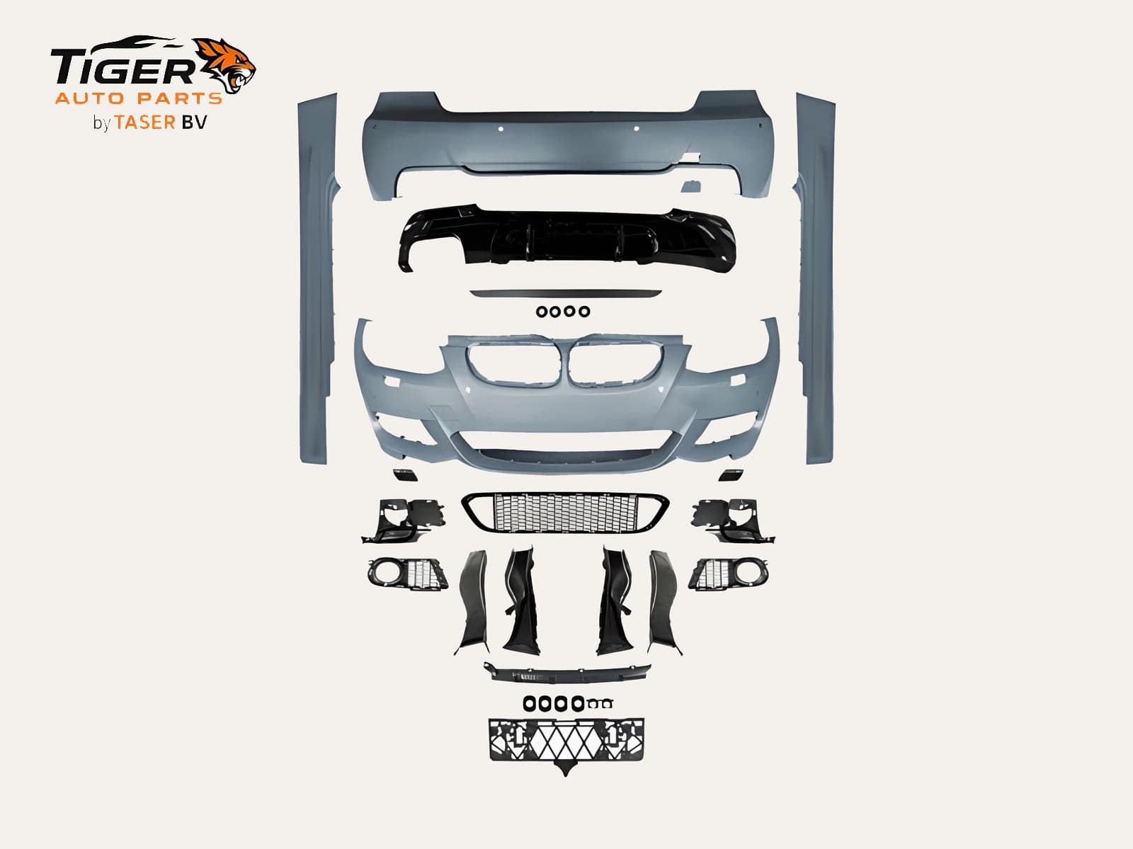 BMW 3-SERIE E92 LCI / E93 LCI COUPE / CABRIO 10-13 BODY KIT COMPLETE BUMPER SET MET KOPLAMPSPROEIERS, PDC VOOR & ACHTER, DUBBELE UITLAAT (LINKS) + SIDESKIRTS M-TECH