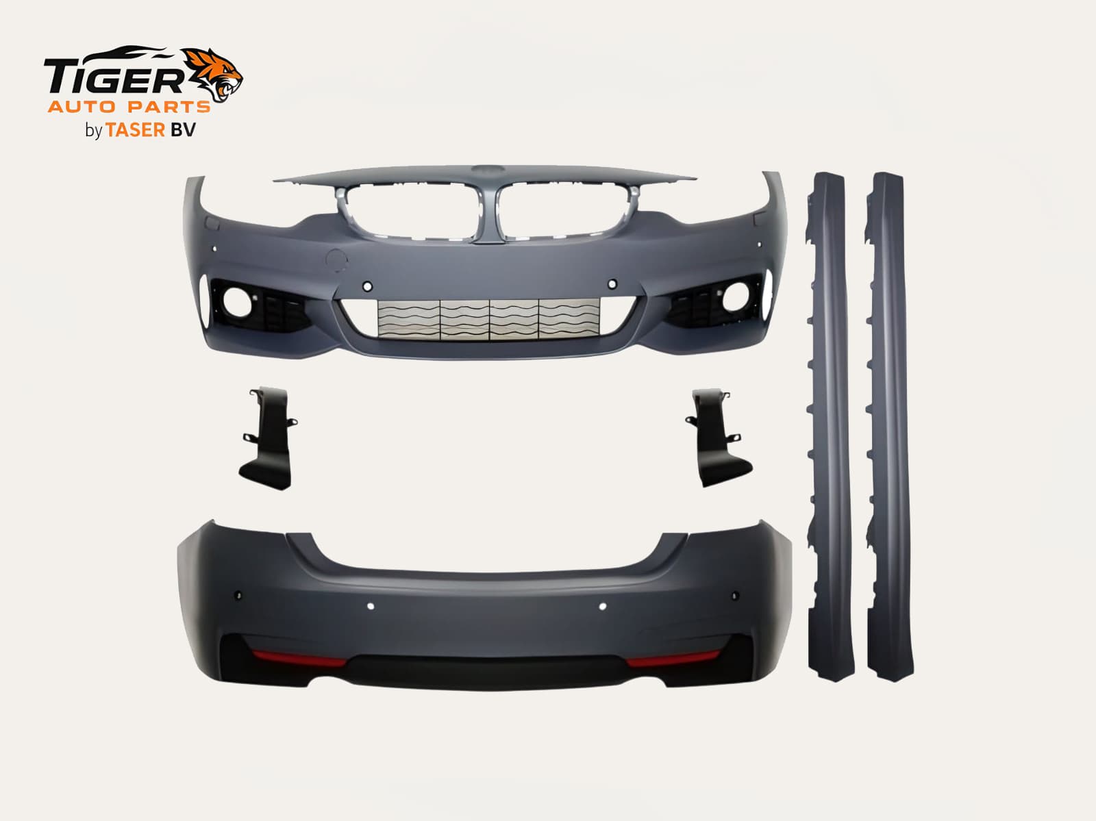 BMW 4-SERIE F36 14-20 BODY KIT M-TECH BODYKIT: VOOR- & ACHTERBUMPER MET KOPLAMPSPROEIERS, PARKEERSENSOR-GATEN VOOR & ACHTER, DUBBELE UITLAAT + SIDESKIRTS